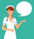 Beautiful female nurse is holding clipboard and speak bubble. Portrait of young nurse or medic with clipboard and stethoscope isol